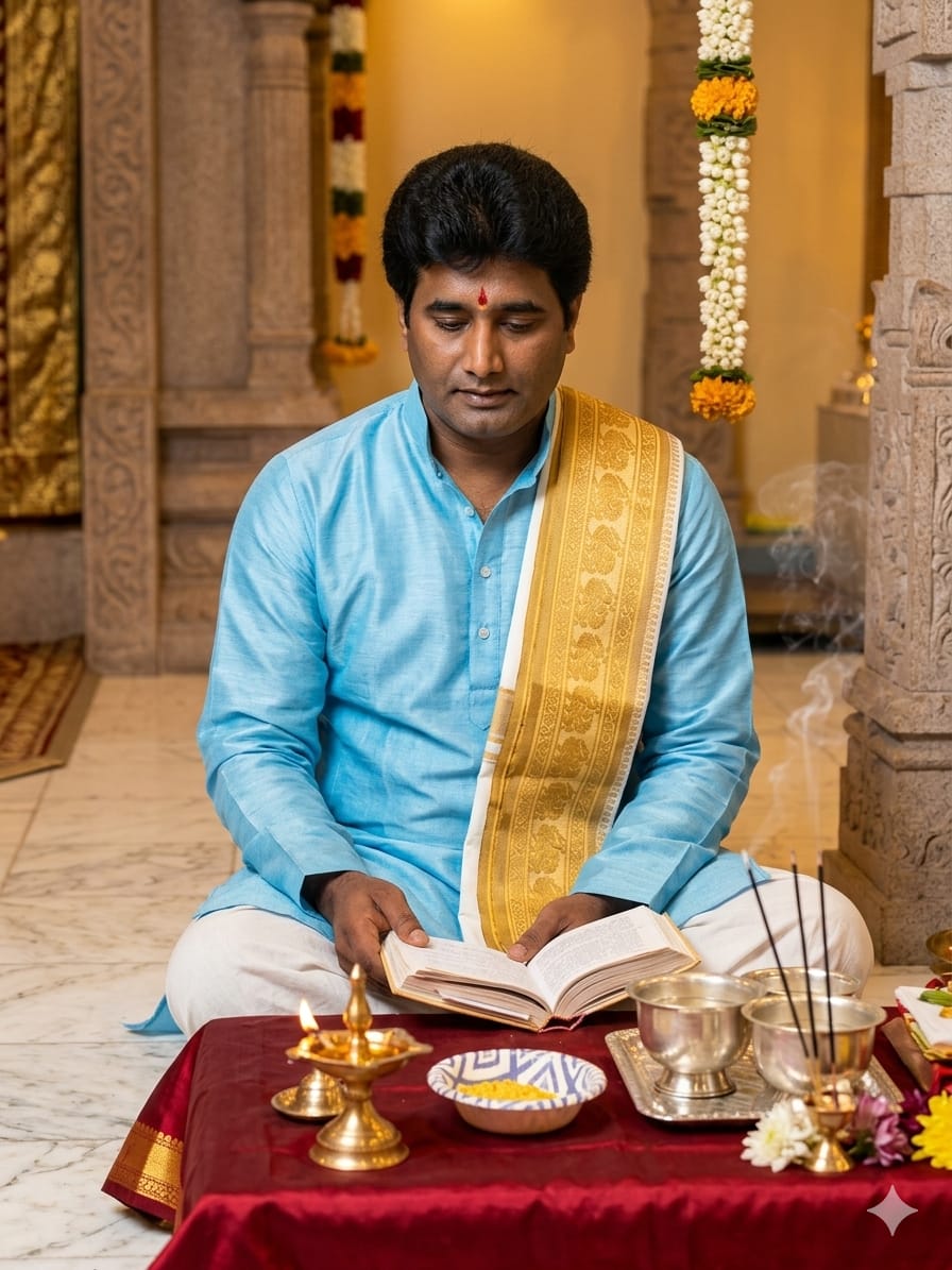 Sri Viswanadham Mahendrada performing a Vedic ritual, holding a sacred text.